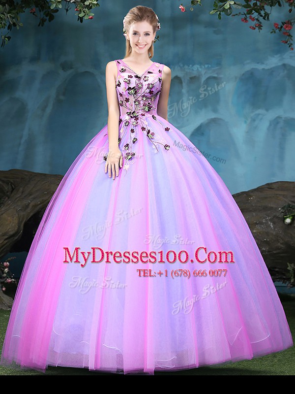 Clearance Multi-color Tulle Lace Up V-neck Sleeveless Floor Length Sweet 16 Dresses Appliques