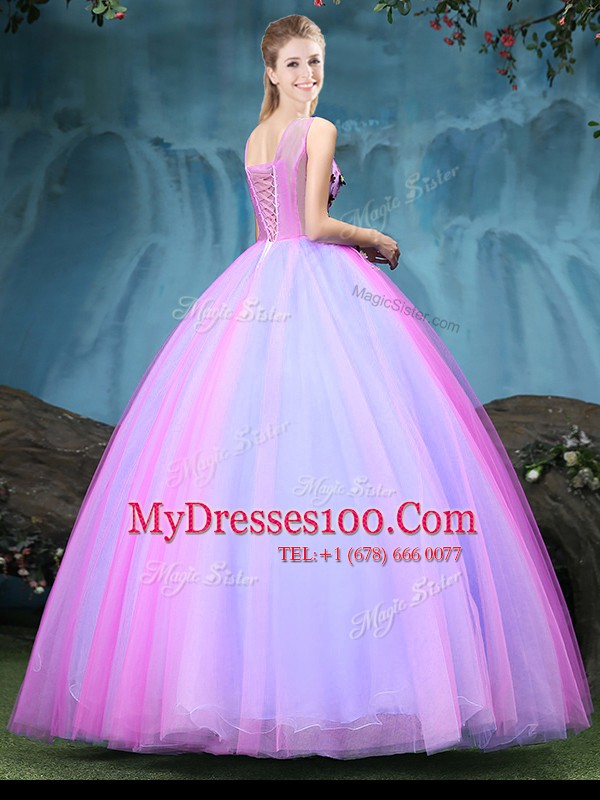 Clearance Multi-color Tulle Lace Up V-neck Sleeveless Floor Length Sweet 16 Dresses Appliques