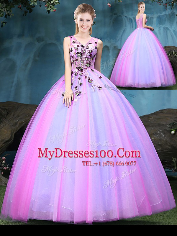 Clearance Multi-color Tulle Lace Up V-neck Sleeveless Floor Length Sweet 16 Dresses Appliques