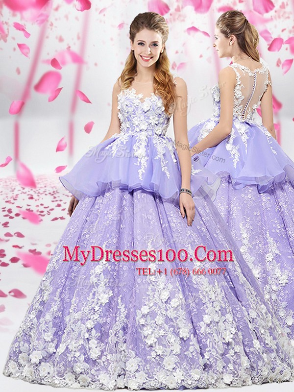 Colorful Lavender Ball Gowns Scoop Sleeveless Organza and Tulle Floor Length Lace Up Appliques Vestidos de Quinceanera