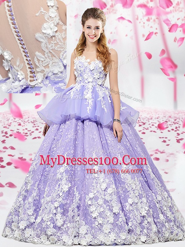 Colorful Lavender Ball Gowns Scoop Sleeveless Organza and Tulle Floor Length Lace Up Appliques Vestidos de Quinceanera