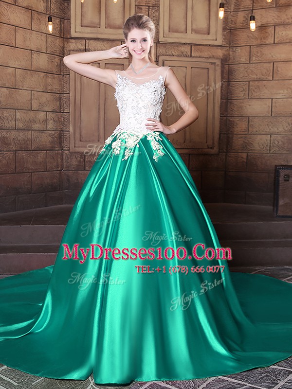 Extravagant Turquoise Ball Gowns Elastic Woven Satin Scoop Sleeveless Lace and Appliques With Train Lace Up Vestidos de Quinceanera Court Train