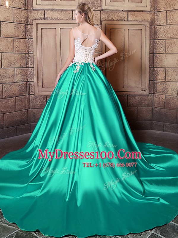 Extravagant Turquoise Ball Gowns Elastic Woven Satin Scoop Sleeveless Lace and Appliques With Train Lace Up Vestidos de Quinceanera Court Train