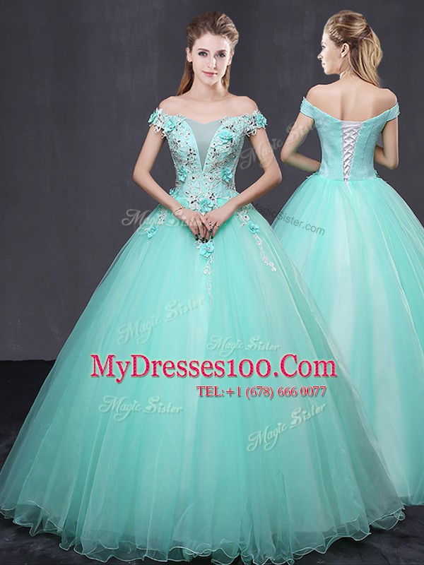 Off The Shoulder Sleeveless Lace Up Vestidos de Quinceanera Apple Green Tulle