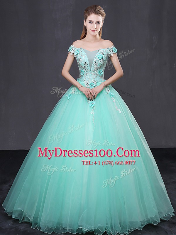 Off The Shoulder Sleeveless Lace Up Vestidos de Quinceanera Apple Green Tulle