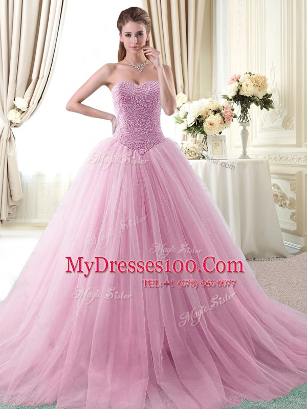 Custom Made Rose Pink Ball Gowns Sweetheart Sleeveless Tulle With Brush Train Lace Up Beading Quinceanera Dress