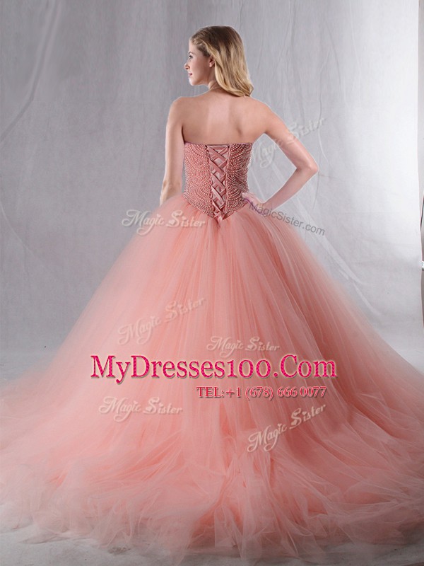 Custom Made Rose Pink Ball Gowns Sweetheart Sleeveless Tulle With Brush Train Lace Up Beading Quinceanera Dress
