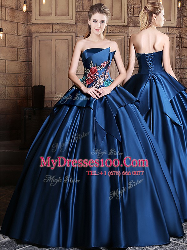 Appliques 15 Quinceanera Dress Navy Blue Lace Up Sleeveless Floor Length