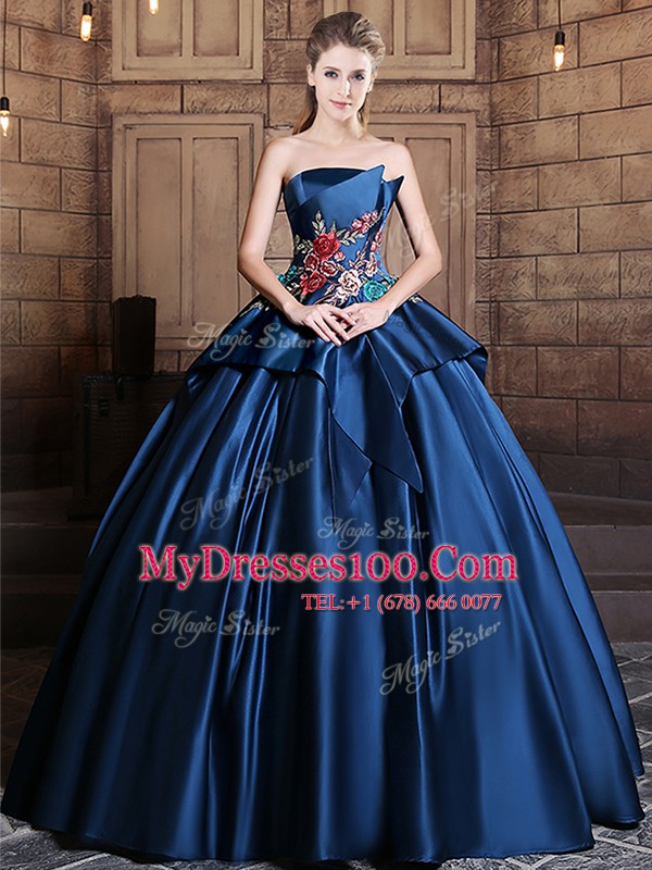 Appliques 15 Quinceanera Dress Navy Blue Lace Up Sleeveless Floor Length