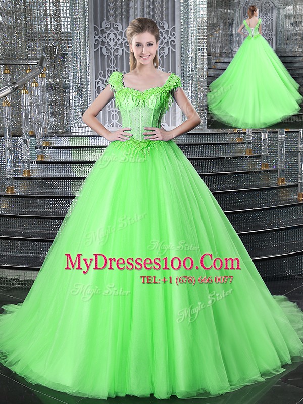 Straps Sleeveless Brush Train Lace Up Quince Ball Gowns Tulle