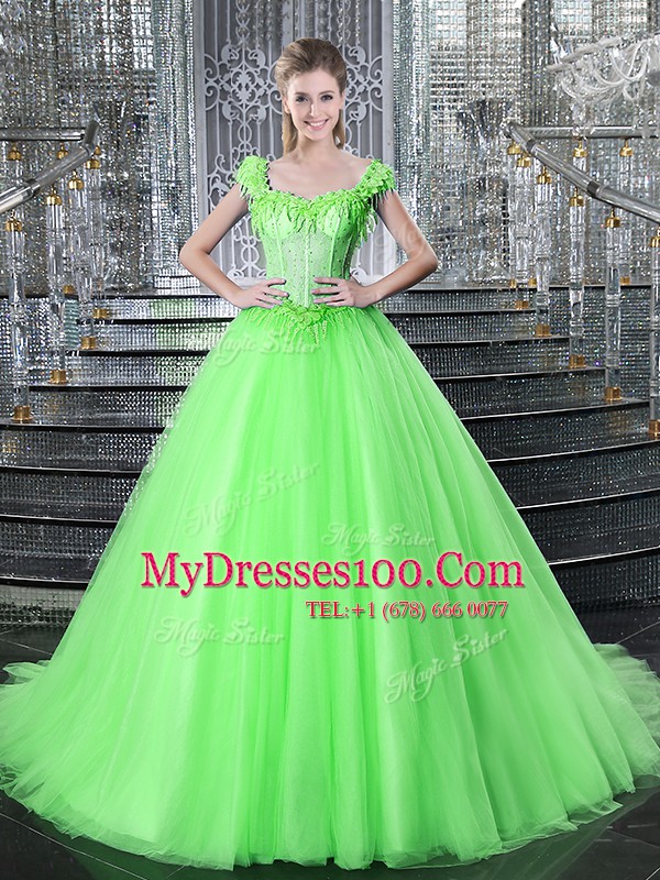 Straps Sleeveless Brush Train Lace Up Quince Ball Gowns Tulle