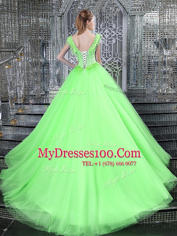 Straps Sleeveless Brush Train Lace Up Quince Ball Gowns Tulle