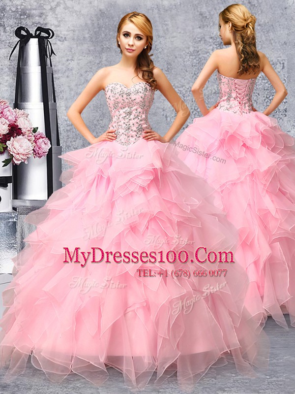 Chic Floor Length Rose Pink Sweet 16 Dresses Organza Sleeveless Beading and Ruffles