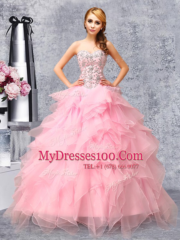 Chic Floor Length Rose Pink Sweet 16 Dresses Organza Sleeveless Beading and Ruffles