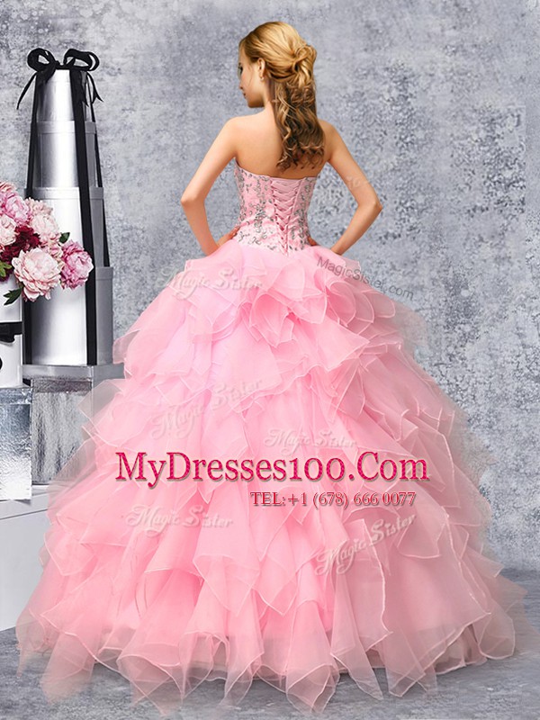Chic Floor Length Rose Pink Sweet 16 Dresses Organza Sleeveless Beading and Ruffles