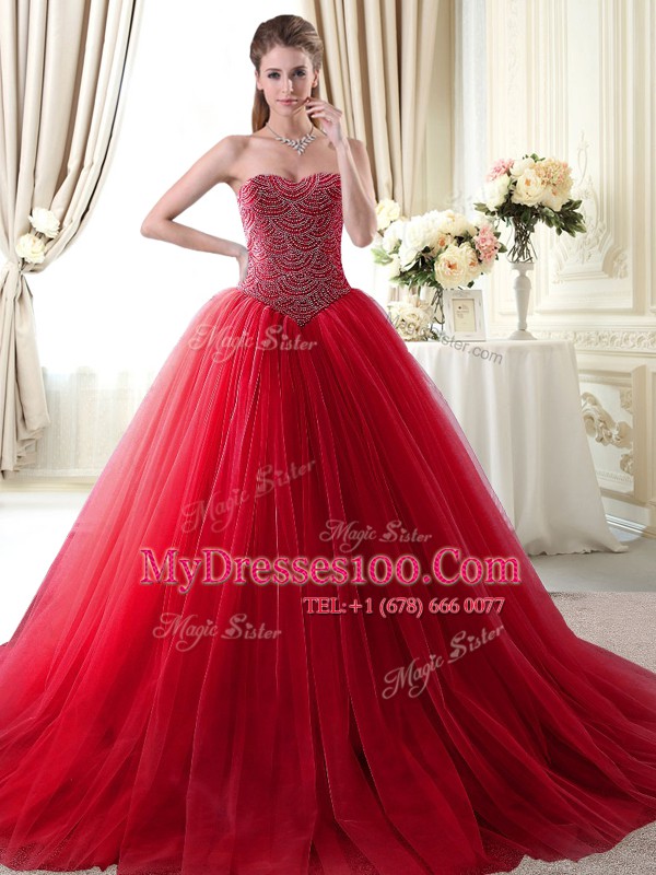 High End With Train Lace Up 15th Birthday Dress Red for Military Ball and Sweet 16 and Quinceanera with Beading Brush Train