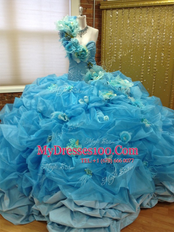 Classical Taffeta and Tulle One Shoulder Sleeveless Lace Up Pick Ups and Hand Made Flower Quinceanera Gown in Blue