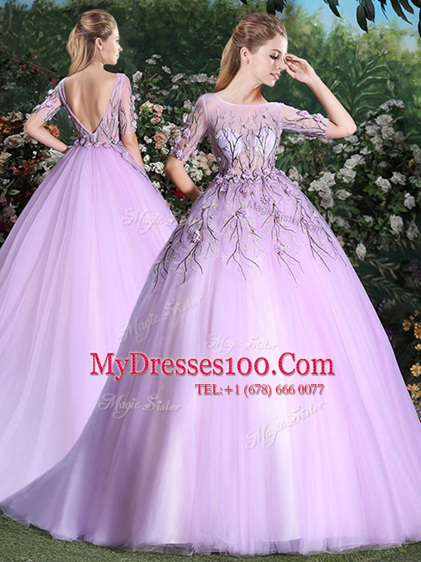 Scoop Lilac Ball Gowns Appliques Ball Gown Prom Dress Backless Tulle Short Sleeves With Train