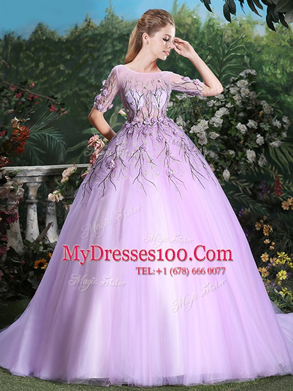 Scoop Lilac Ball Gowns Appliques Ball Gown Prom Dress Backless Tulle Short Sleeves With Train