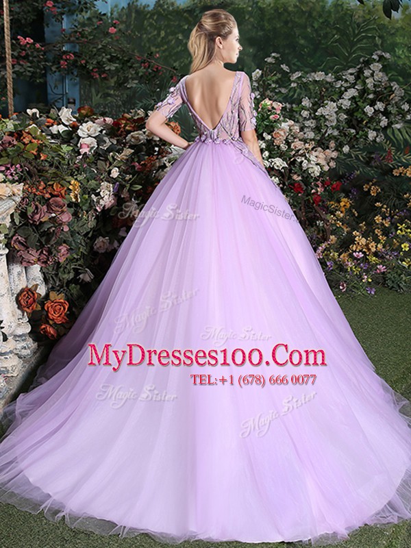 Scoop Lilac Ball Gowns Appliques Ball Gown Prom Dress Backless Tulle Short Sleeves With Train