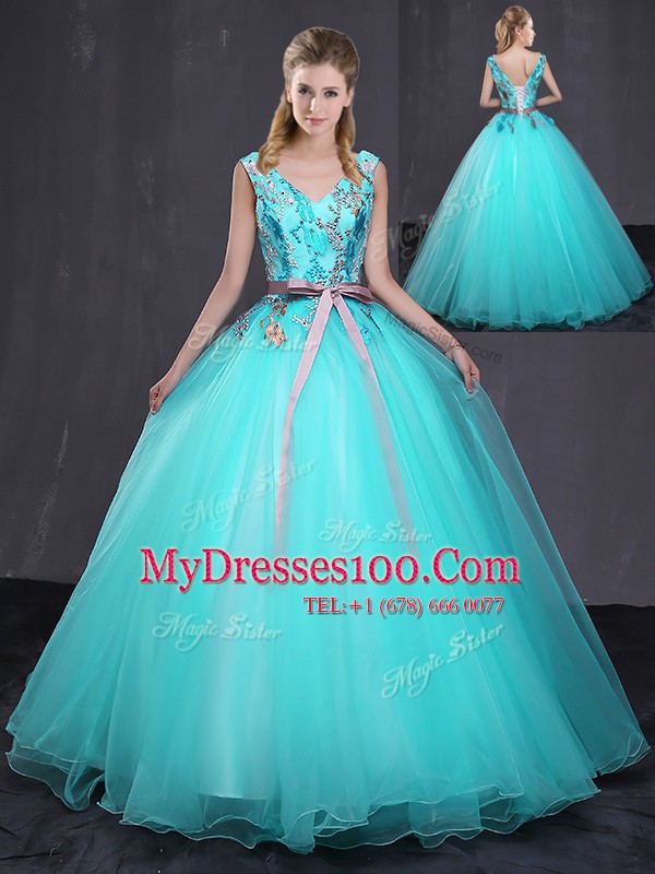 Free and Easy Aqua Blue Tulle Lace Up Quinceanera Dresses Sleeveless Floor Length Appliques and Belt