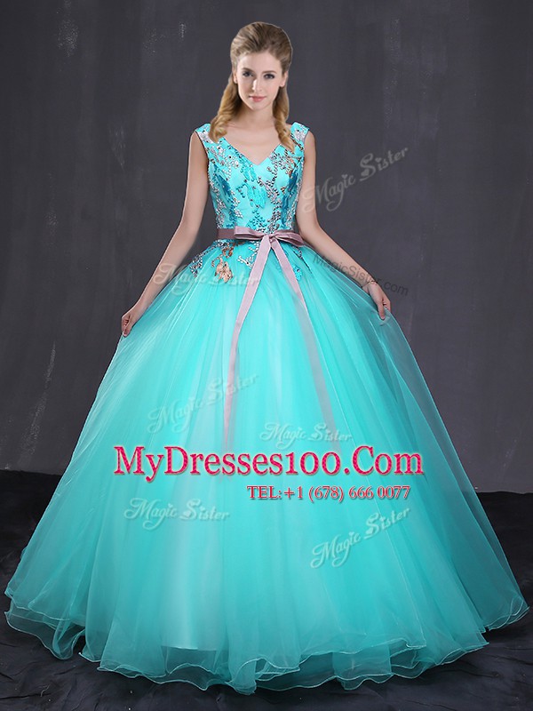 Free and Easy Aqua Blue Tulle Lace Up Quinceanera Dresses Sleeveless Floor Length Appliques and Belt