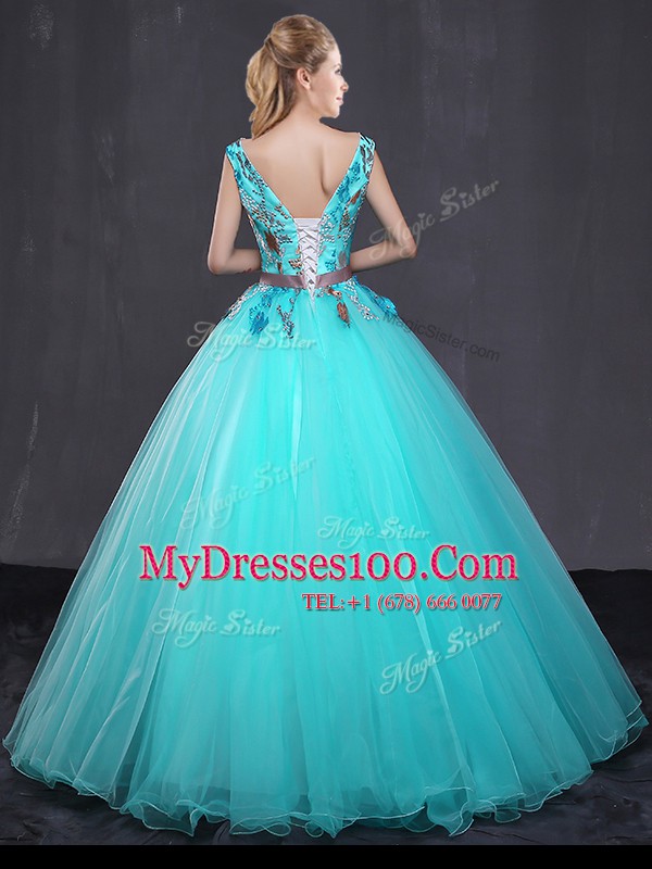 Free and Easy Aqua Blue Tulle Lace Up Quinceanera Dresses Sleeveless Floor Length Appliques and Belt