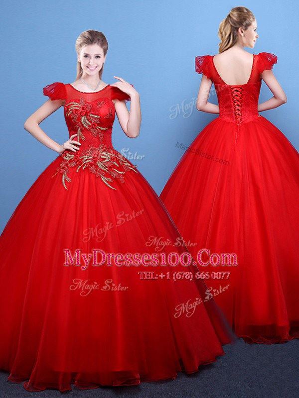 Beauteous Scoop Short Sleeves Lace Up Floor Length Appliques Sweet 16 Dresses