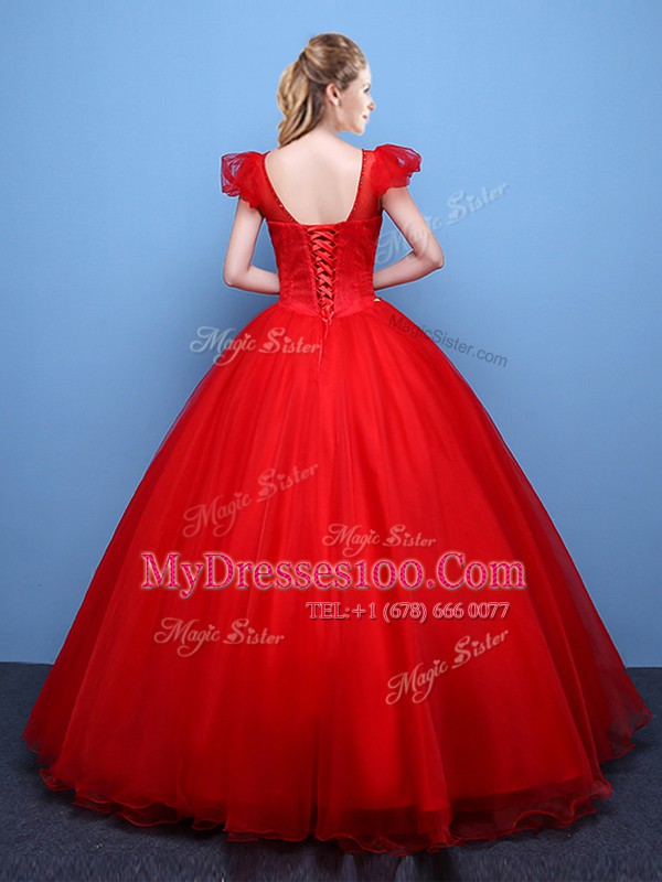 Beauteous Scoop Short Sleeves Lace Up Floor Length Appliques Sweet 16 Dresses