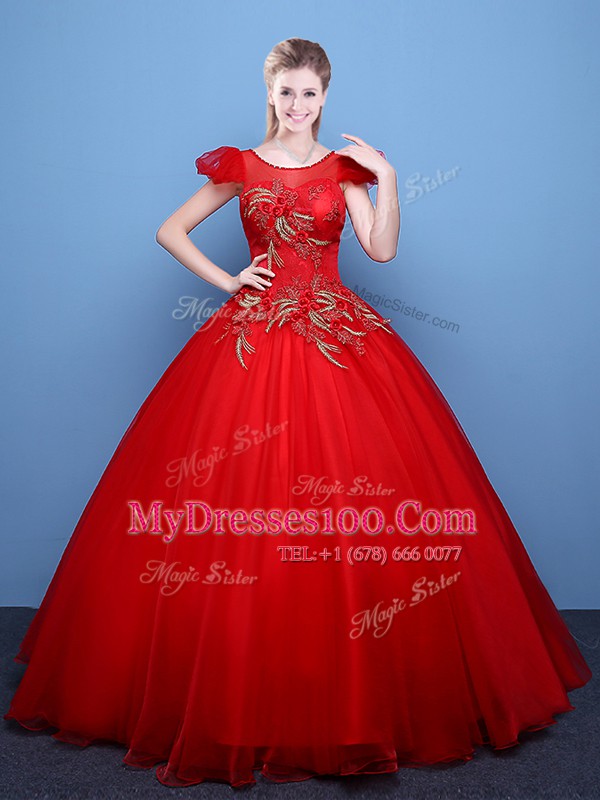 Beauteous Scoop Short Sleeves Lace Up Floor Length Appliques Sweet 16 Dresses