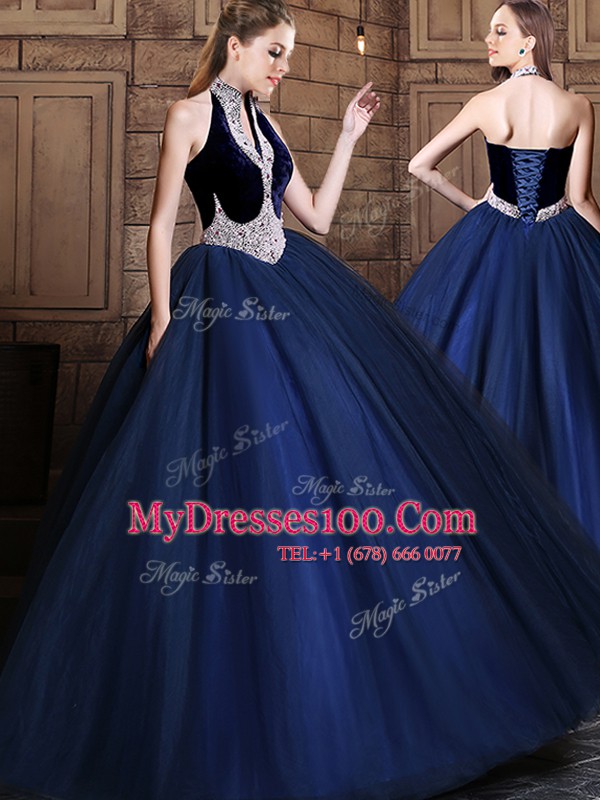 Halter Top Sleeveless Tulle Floor Length Lace Up Quinceanera Dresses in Navy Blue with Beading