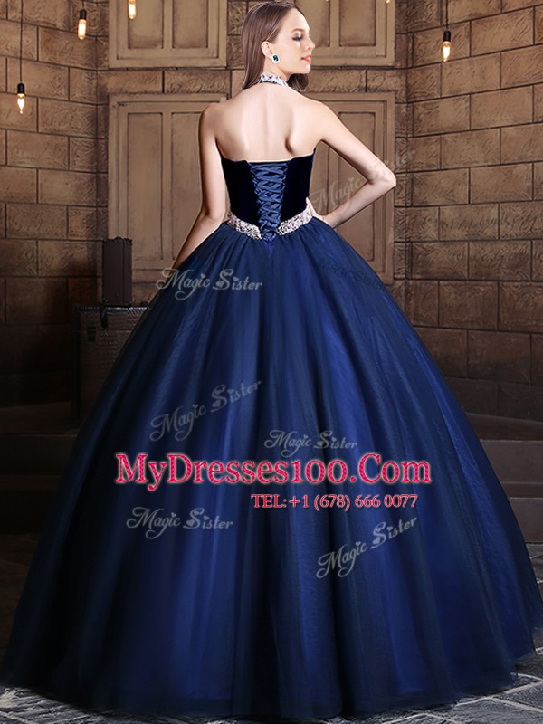 Halter Top Sleeveless Tulle Floor Length Lace Up Quinceanera Dresses in Navy Blue with Beading