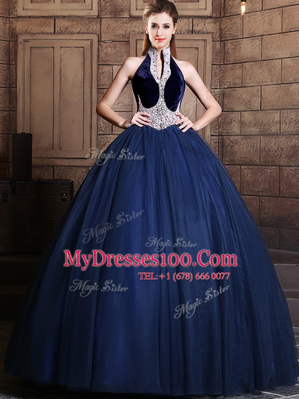 Halter Top Sleeveless Tulle Floor Length Lace Up Quinceanera Dresses in Navy Blue with Beading