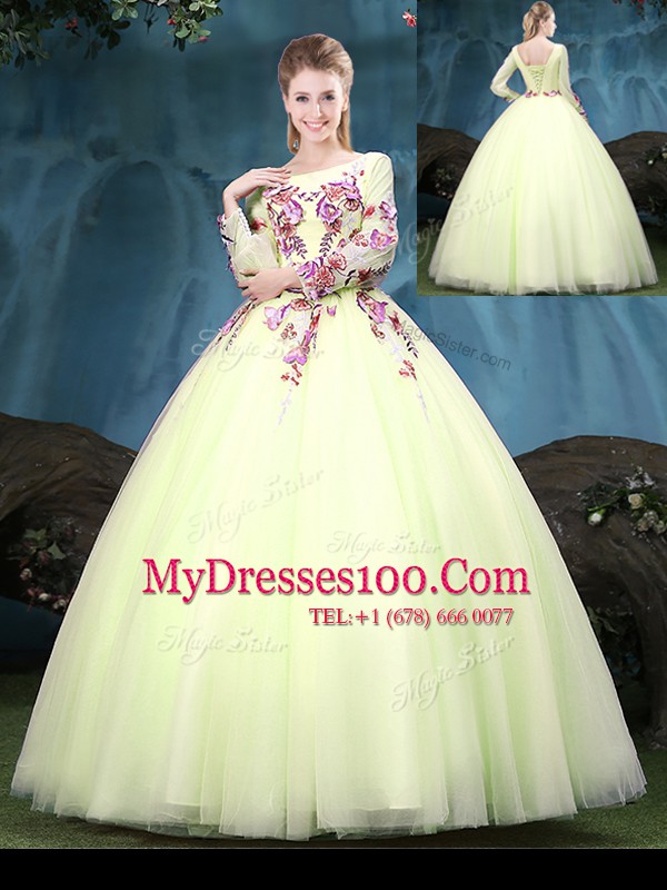 Cute Floor Length Yellow Green Sweet 16 Quinceanera Dress Scoop Long Sleeves Lace Up