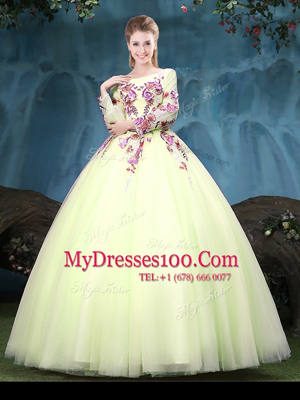 Cute Floor Length Yellow Green Sweet 16 Quinceanera Dress Scoop Long Sleeves Lace Up