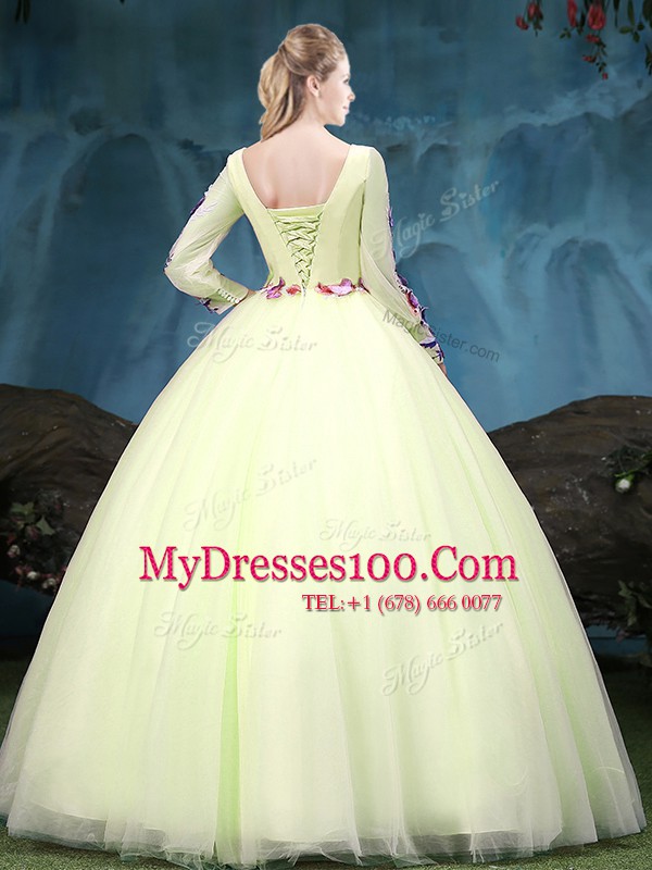 Cute Floor Length Yellow Green Sweet 16 Quinceanera Dress Scoop Long Sleeves Lace Up