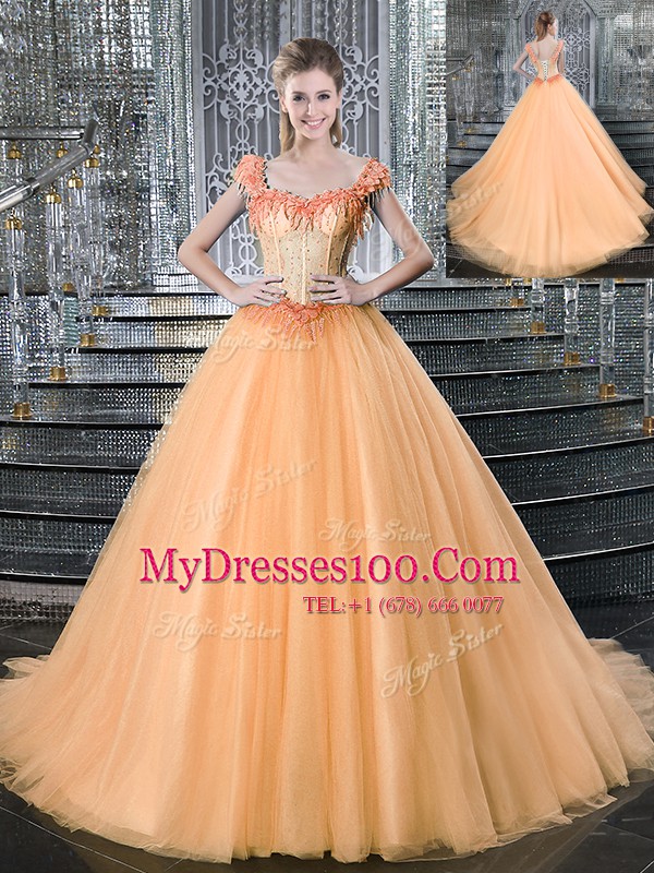 Nice Straps Orange Ball Gowns Beading and Appliques 15 Quinceanera Dress Lace Up Tulle Sleeveless With Train
