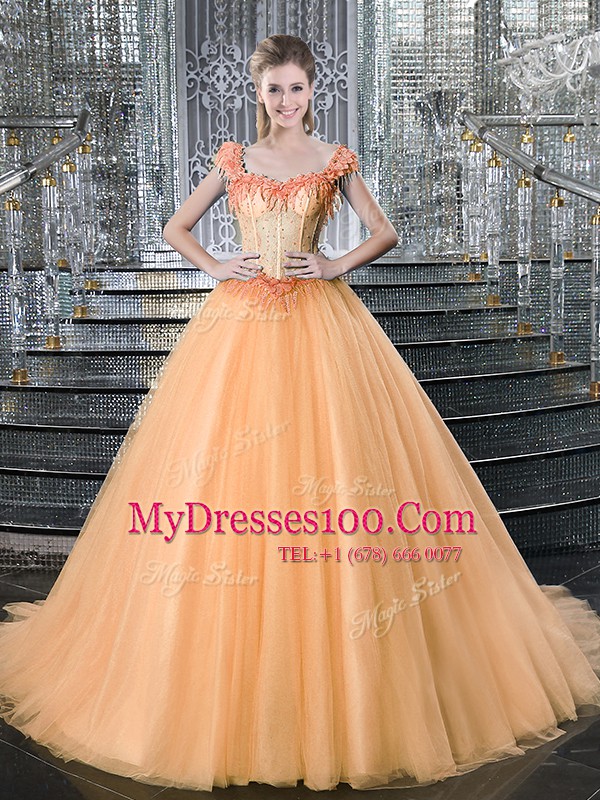 Nice Straps Orange Ball Gowns Beading and Appliques 15 Quinceanera Dress Lace Up Tulle Sleeveless With Train