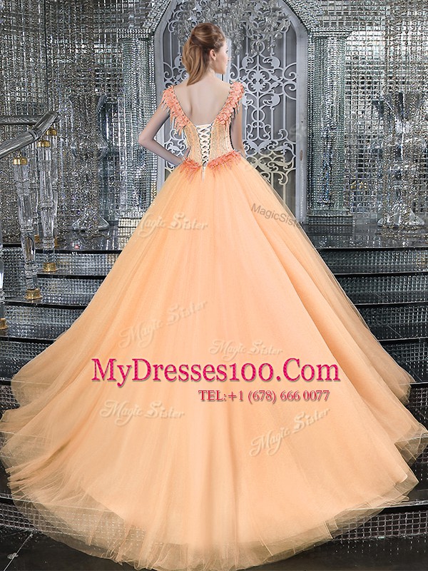 Nice Straps Orange Ball Gowns Beading and Appliques 15 Quinceanera Dress Lace Up Tulle Sleeveless With Train