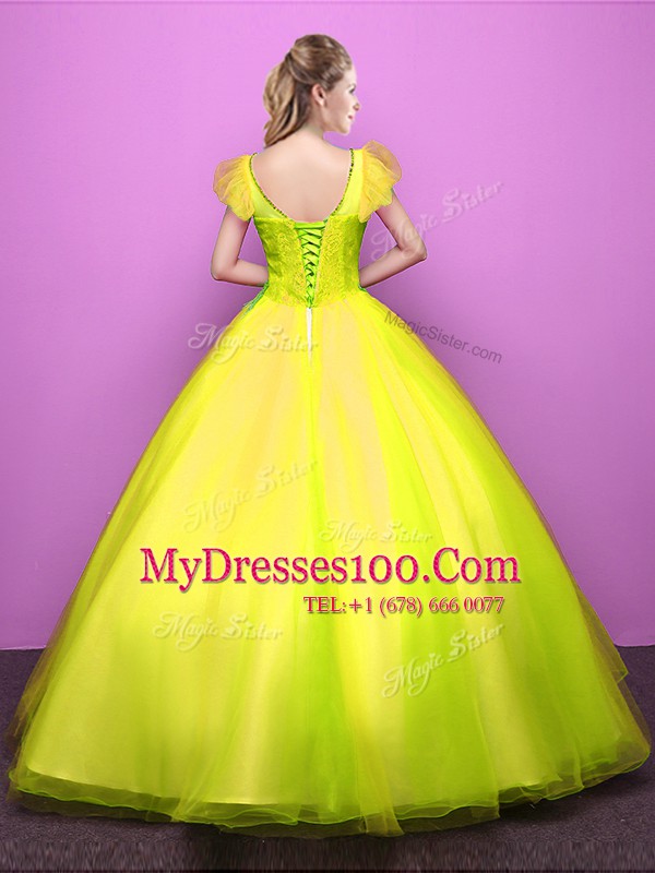 Classical Scoop Floor Length Ball Gowns Short Sleeves Yellow Green Vestidos de Quinceanera Lace Up