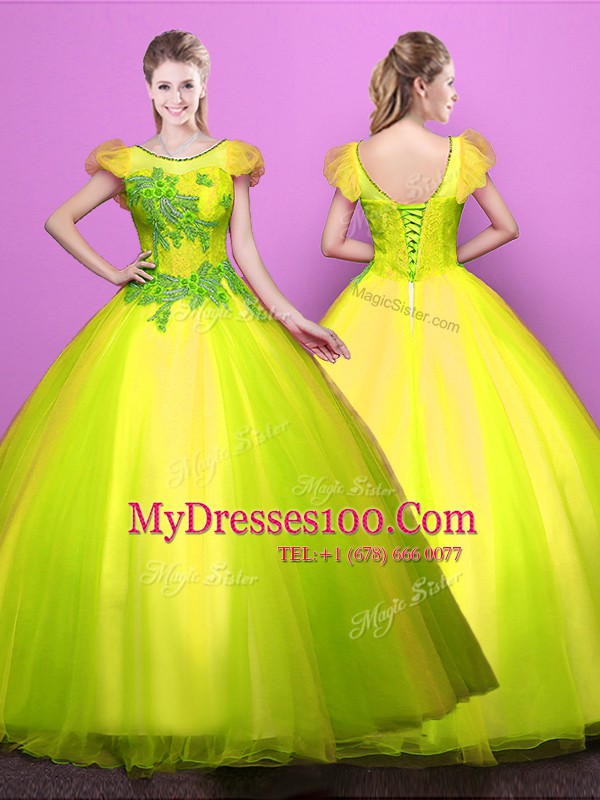 Classical Scoop Floor Length Ball Gowns Short Sleeves Yellow Green Vestidos de Quinceanera Lace Up