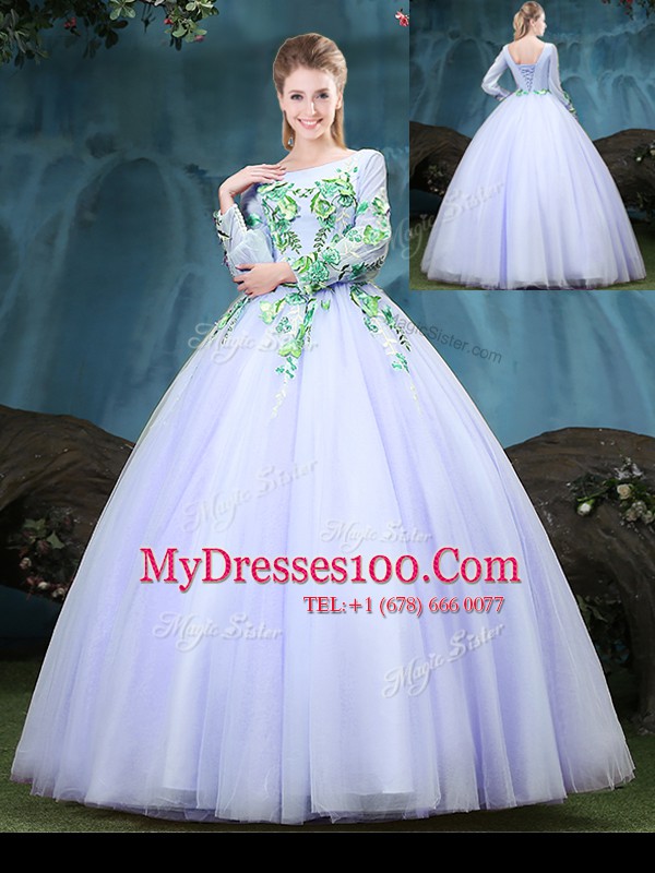 Customized Scoop Appliques Quince Ball Gowns Lavender Lace Up Long Sleeves Floor Length