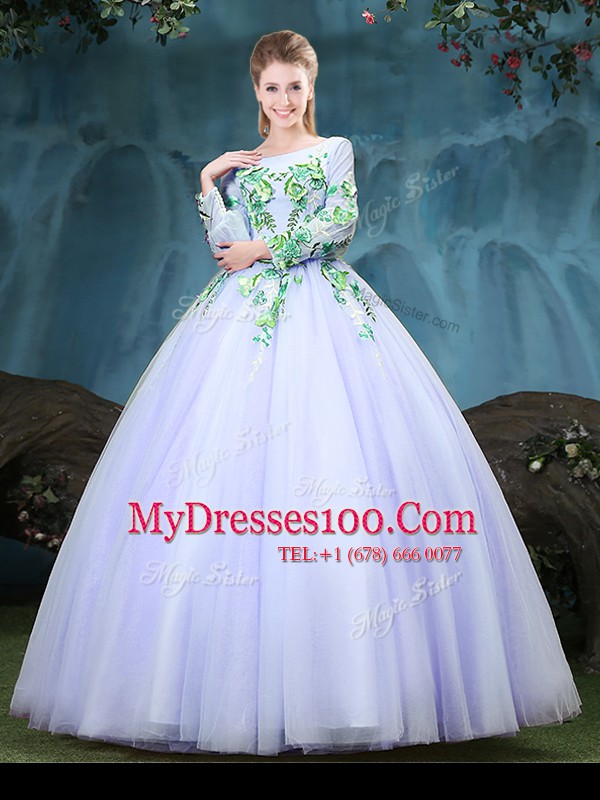 Customized Scoop Appliques Quince Ball Gowns Lavender Lace Up Long Sleeves Floor Length