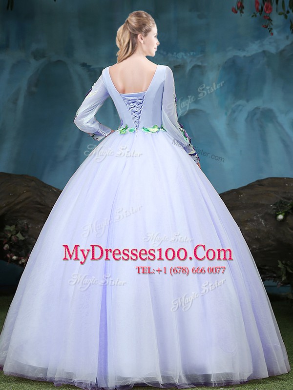 Customized Scoop Appliques Quince Ball Gowns Lavender Lace Up Long Sleeves Floor Length