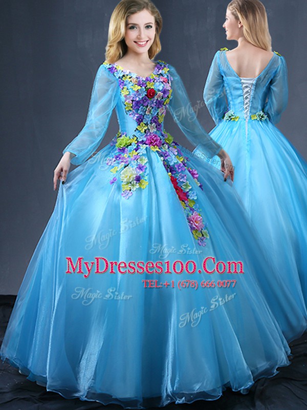 Floor Length Baby Blue Vestidos de Quinceanera V-neck Long Sleeves Lace Up