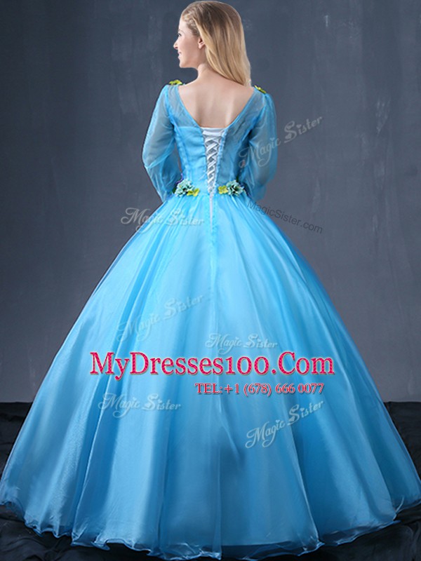 Floor Length Baby Blue Vestidos de Quinceanera V-neck Long Sleeves Lace Up