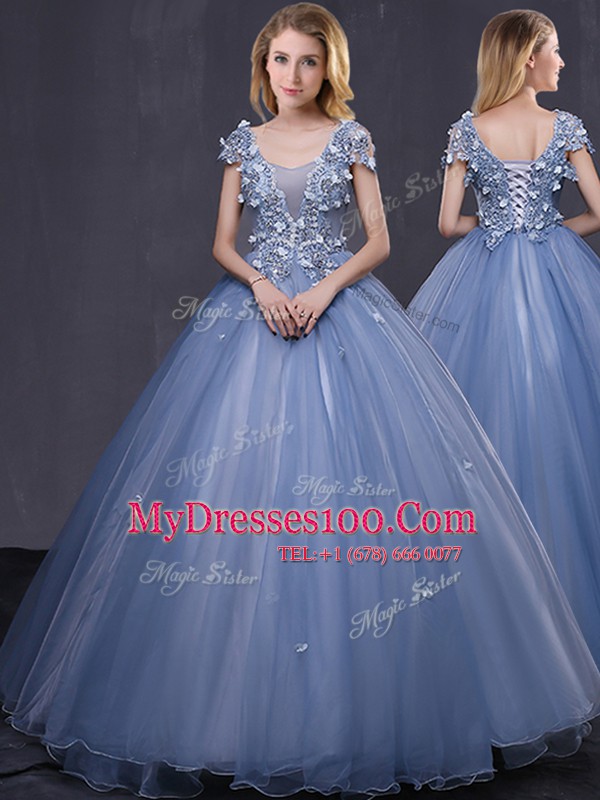 Scoop Lavender Short Sleeves Appliques Floor Length Sweet 16 Quinceanera Dress