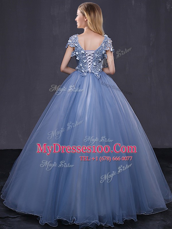 Scoop Lavender Short Sleeves Appliques Floor Length Sweet 16 Quinceanera Dress