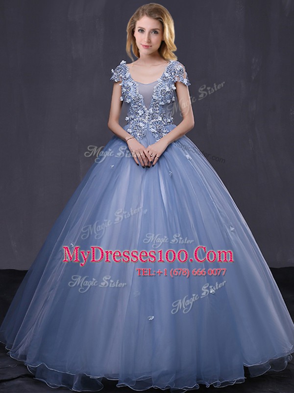 Scoop Lavender Short Sleeves Appliques Floor Length Sweet 16 Quinceanera Dress