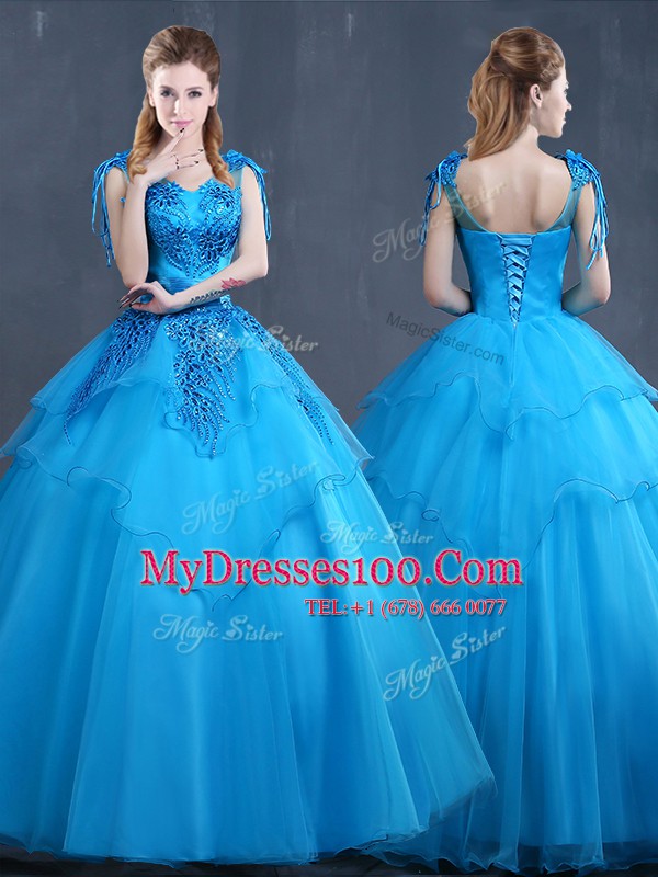 Dazzling Ball Gowns Vestidos de Quinceanera Baby Blue V-neck Tulle Sleeveless Floor Length Lace Up